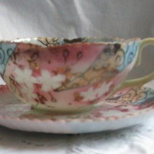 ANTIQUE RARE Moriage Pastel Highly Decorated Tea Cup and Saucer